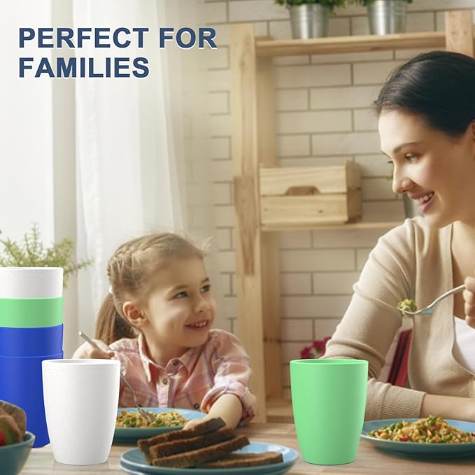 unbreakable wheat straw cups 20oz set of 6 with textured pattern anti slipping,big plastic drinkings cups microwave safe and dishwahser safe.White-Green-Blue