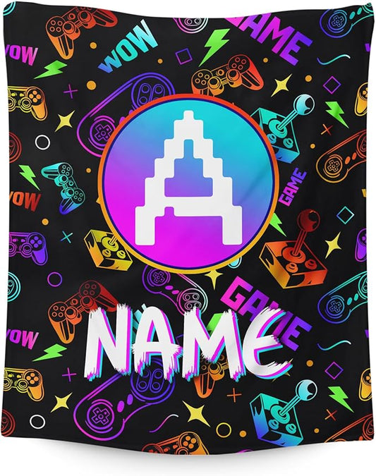 Gaming Blankets for Kids Boys Personalized Gamer Gifts for Son Grandson - Soft Lightweight Custom Monogram Stuff Throws for Sofa Bed Living Room Home Decor All Seasons (4 Sizes)