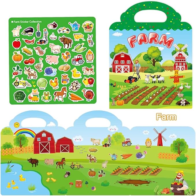 Reusable Sticker Books for Kids, 3 Sets Travel Removable Toddler Sticker Books for 3 4 5 Year Old Girls Boys Birthday Gifts Educational Learning Toys for Age 3-6 - Farm & Zoo Animal, Vehicle