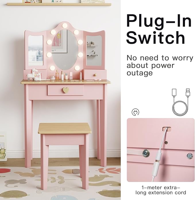 labebe Kids Vanity, Girls Vanity Desk with LED Changing Lights, Pretend Play Princess Vanity Set, Wooden Toddler Makeup Desk Dressing Table with Drawer and Chair (Pink)