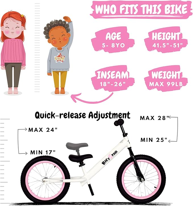 16 Inch Kids Balance Bike for 5-8 Year Old, No Pedals, Air Tires, Footrests, Adjustable Height for Big Boys, Girls