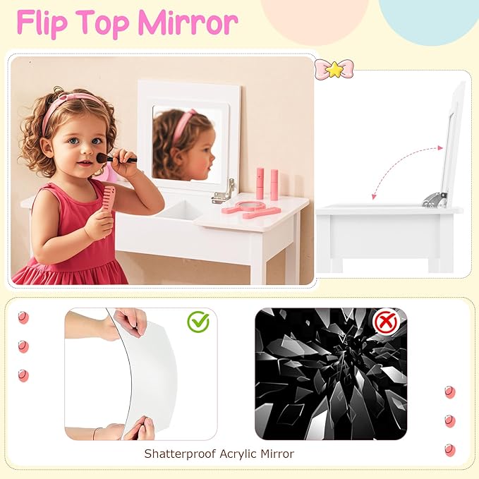 Costzon Kids Vanity, 2 in 1 Girls Vanity Set with Flip Top Mirror, Hidden Storage Space, Wooden Toddler Makeup Vanity Desk Dressing Table, Kids Vanity Table and Chair Set (White)