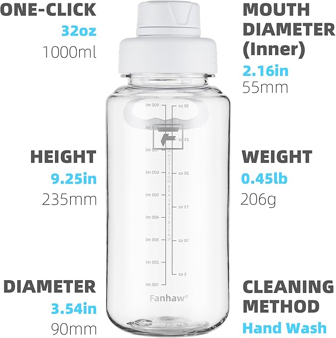 Fanhaw 32 oz Clear Water Bottle with Fast-Flow Spout Lid, BPA-Free Tritan, Wide Mouth, Leakproof, Reusable Bottle for Gym, School, Office, Travel (Clear&White)