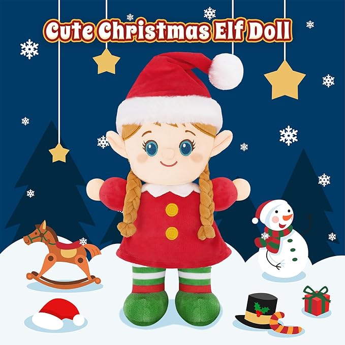 Christmas Elf Plush, Soft Baby Doll Girls First Baby Doll Toys Birthday Christmas Plushies Gift Elf Toy for Toddler Kids Infants
