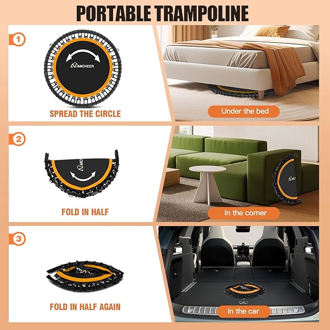 ANCHEER 40"/48" Foldable Rebounder Trampoline for Adults/Kids with Resistance Bands and Bungees, Indoor & Outdoor Mini Trampoline with Bar and Safety Padding - Max Load 450lbs/550lbs