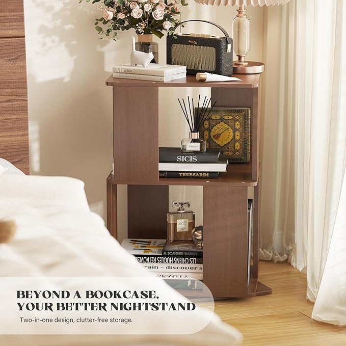 2 Tier Solid Wood Rotating Bookshelf Tower on Wheels, 360° Upgrade Spinning Book Shelf, Revolving Bookcase Organizer, Swivel Bookshelves for Small Spaces, Corner, Bedroom, Kids Room, Office (Walnut)