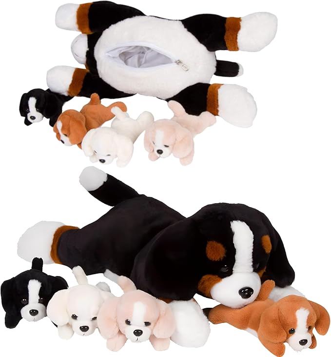 PixieCrush Dog Stuffed Animals - Bernese Mommy with 4 Puppies in Her Tummy - Huggable and Fluffy Dog Plushies for Imaginative Play - Plush Toys Suitable for Kids 3 Years Old and Above - 5" x 10" x 8"