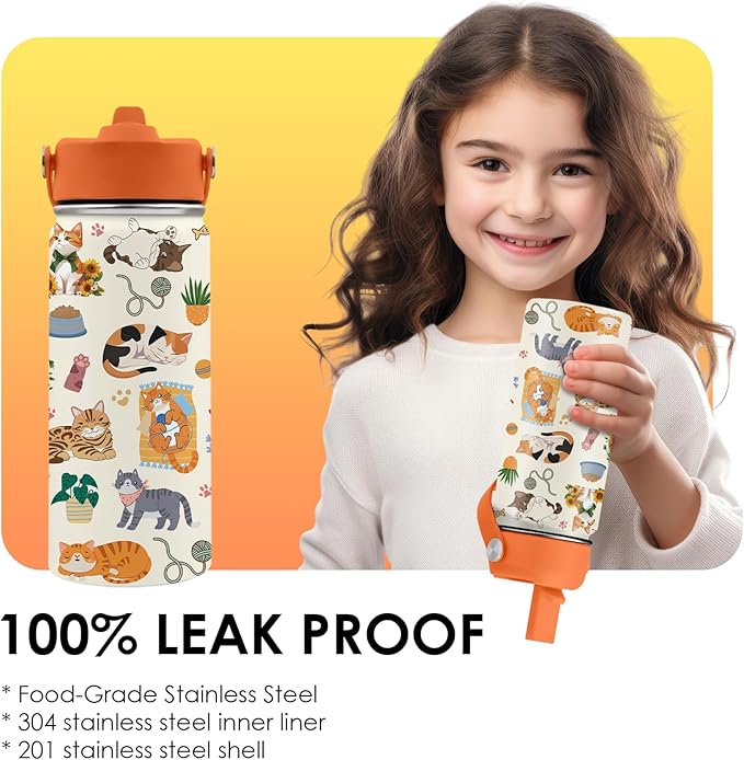 Cat Gifts for Kids - 16 Oz Orange Cat Water Bottle with Straw Lid, Stainless Steel Insulated Tumbler, Leak Proof, for Boys & Girls, School, Travel - Funny Cats Lovers Children Birthday Gifts Cups(1pc)