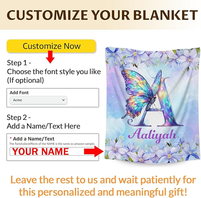 Personalized Butterfly Blanket, Monogramed Blanket for Girls Women, 60 x 50 Inches Cozy Initial Name Flannel Throw for Bed Office, Living Room, Garden, Camping