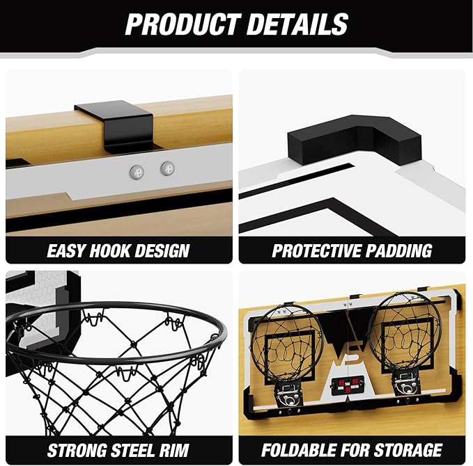 2 Player Basketball Game, Dual Shot Over The Door Mini Basketball Hoop Indoor with Scoreboard, Basketball Toy Gifts for Kids Boys Girls Adults, Suit for Bedroom/Office/Outdoor/Pool, Black