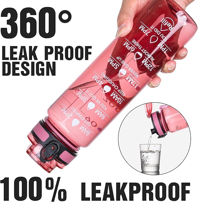 OLDLEY Water Bottle, 32oz Motivational Sports Water Bottle with Time Marker - Times to Drink - Tritan, BPA Free, Wide Mouth Leakproof,Clear Red