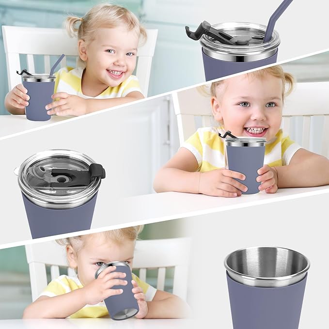 Kids Cups with Straws and Lids Leak Proof, 12oz Sippy Cups for Toddlers 1-3, 2 Pack Spill Proof Cup Stainless Steel Kids Cups with Lids for School, Outdoor (Dark Gray & Gray)
