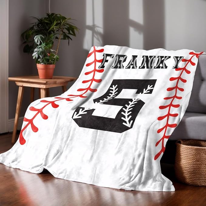 Personalized Baseball Blankets with Name Numbers, Custom Baseball Team Game Throw Flannel Blankets Stuff Gifts for Boys Sports Lover Fans Kids Adult