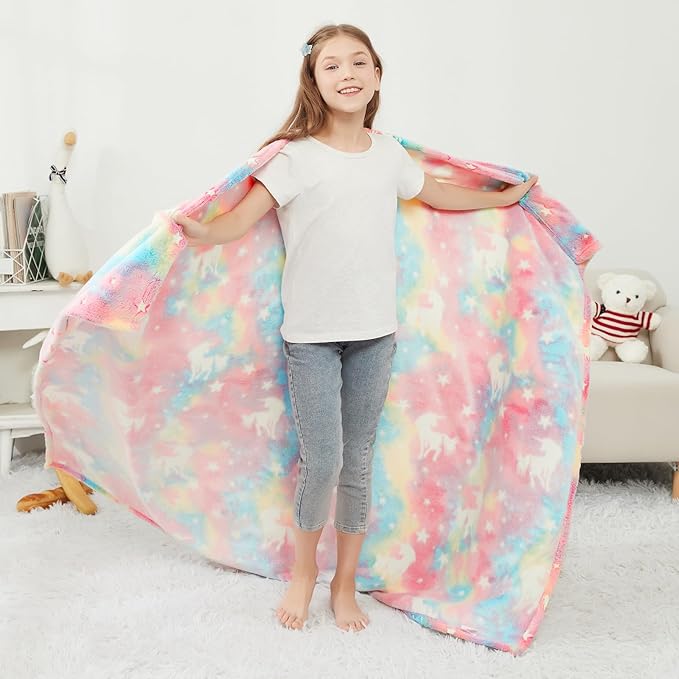 Viviland Kids Throw Blanket Glow in The Dark, Pink Unicorn Toddler Blankets for Girls, Soft Warm Lightweight Plush Throw Blanket Fleece for Sofa Chair Couch Bed Gift for Kids, 50" x 60"