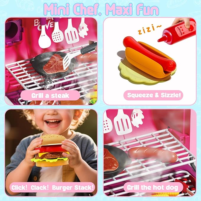 Kid Toy Grill, BBQ Grill Playset with Light Sound, Smoke Effect and 2 Wheels, Pretend Food, Little Chef Play Kitchen Accessories, Birthday for Boys Girls Ages 3 4 5 6 7 8