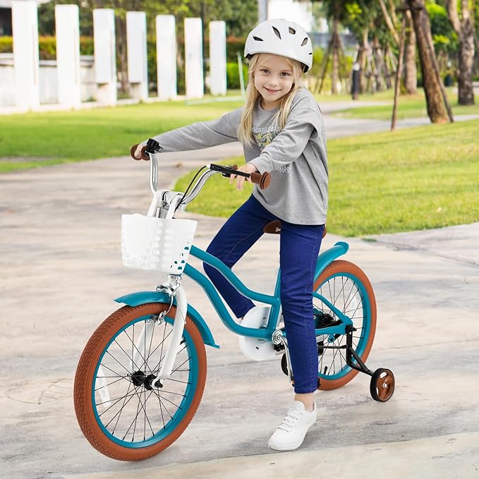 COSTWAY Kids Bike, 12 14 16 18 Inch Toddler Bike Children Bicycle w/Training Wheels, Hand & Coaster Brakes, Adjustable Saddle & Handlebar, Basket, Bell, Kids Bicycle for Girls Boys Aged 3-8 Years Old