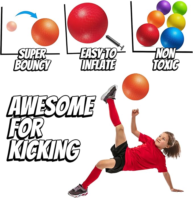 10 Inch Kickball Playground Balls - (Pack of 6) Inflatable Rubber Indoor Outdoor Bouncy Balls for Adults & Kids - Dodgeballs, Kickballs, Four Square and Handballs for School, Gym, with Hand Pump