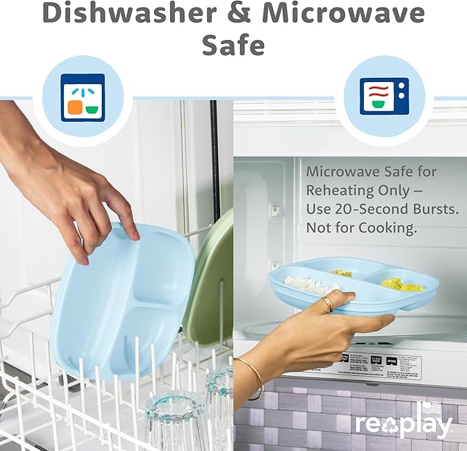Re-Play Toddler Plates with Dividers - Deep-Walled 3 Compartments Divided Plates for Kids with 3 Lids - Dishwasher & Microwave Safe - Made in USA - Set of 3-7.37" x 7.37" x 1.25" - Bluesy