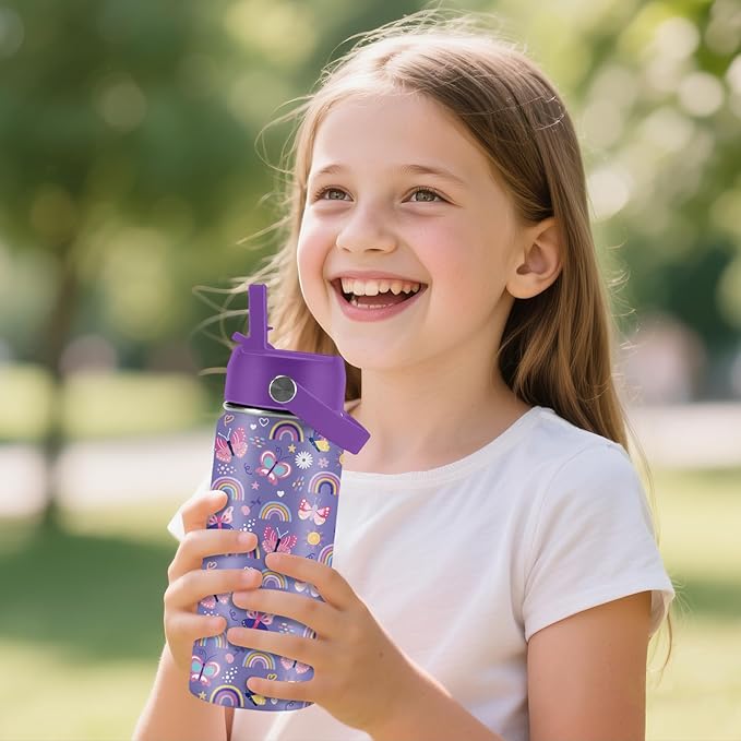 Butterfly Gifts - 16oz Purple Kids Water Bottle with Straw Lid, Stainless Steel Insulated Tumbler, Leakproof, BPA-Free, for Girls, School, Travel - Butterfly Rainbow Themed Birthday Gift Cup (1pc)