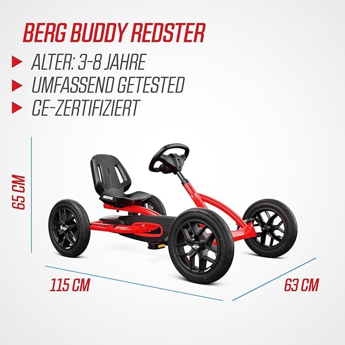 Berg Toys Buddy Redster Pedal Go Kart for Kids – Adjustable Ride On Toy for Ages 4-8 – Go Karts with BFR System, and Adults Outdoor Pedal Car for Kids (Red)