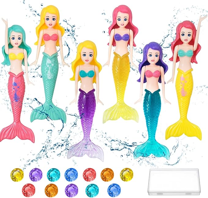 Diving Pool Toys Set, 6PCS Mermaids Underwater and 12PCS Big Colorful Diamond Swimming Pool Sinking Toys for Kids Children (Color Random)