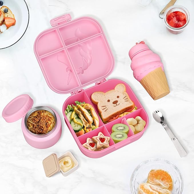 Kids Lunch Box Set -12oz Insulated Food Jar, Thermal Bag,Leakproof Lunch Food Containers Cutlery (BPA Free)-Gift for Girls/Boys Age 3-10(Pink+Pink Jar)
