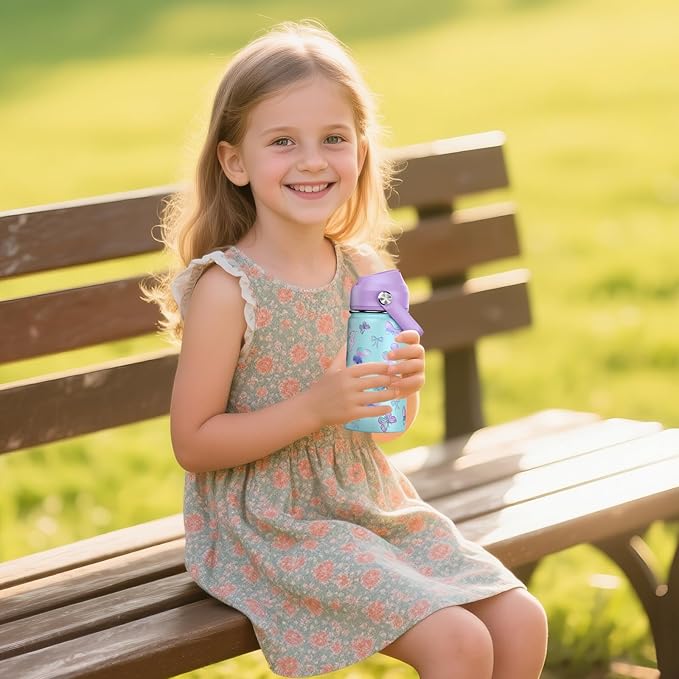 14oz Kids Insulated Water Bottle with Straw Lid - 18/8 Stainless Steel Kid Cup Travel Tumbler Double Wall Vacuum Leak Proof Portable Toddler Water Bottle(Butterfly）