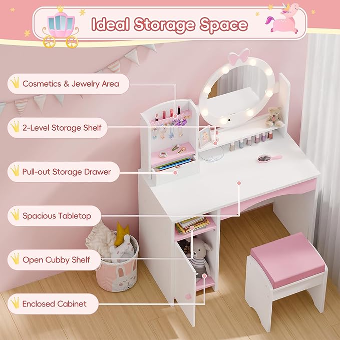 MU Kids Vanity Table and Chair Set – Princess Girls Vanity Set with Mirror, Lights, Jewelry Storage, and Cushioned Stool, Toddler Makeup Vanity for Little Girls, White