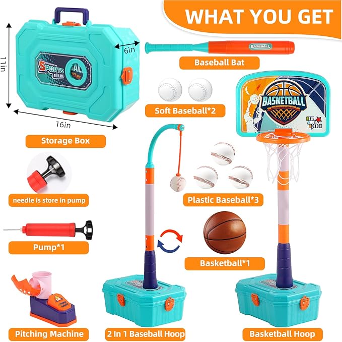 Kids Basketball Hoop and T Ball Set for Toddler 3-5, 4 in 1 Height Adjustable - Toddler Basketball Hoop Indoor Toy for Kids Outdoor Basketball Goal, Portable Sport Toy Gifts for Boy Age 3 4 5