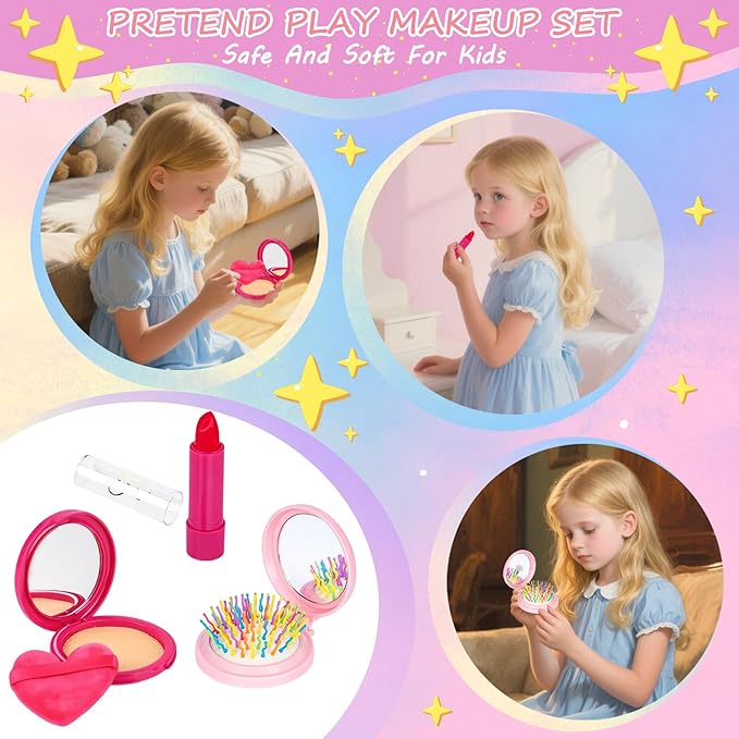 Toddler Play Purse for Little Girls, 32PCS Kids Handbag with Pretend Makeup for Girl,Toddler Purse Includes Handbag, Phone, Wallet,Princess Toy Purse Birthday Gift for 3 4 5 6 +