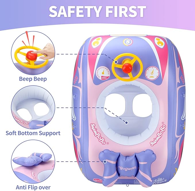 Swimbobo Toddler Pool Float Inflatable Car Baby Swim Float with Adjustable Sun Canopy and Safety Seat Pool Toys for Kids 3+ Years Old