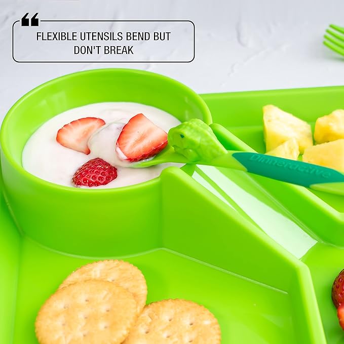 Dinneractive Dining Set For Kids - 3PC Green Dinosaur Dinnerware - Dinosaur Utensils - Toddler Plates - Baby Dishes