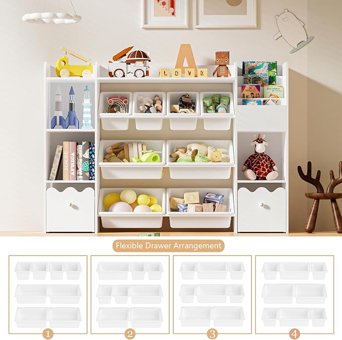 HOMMPA 55" W Kids Toy Storage Organizer with 2 Movable Drawer 4-Tier Bookshelf for Kids Children's Organizer Cabinet with 8 Toy Bins for Playrooms, Classroom and Nurseries,White
