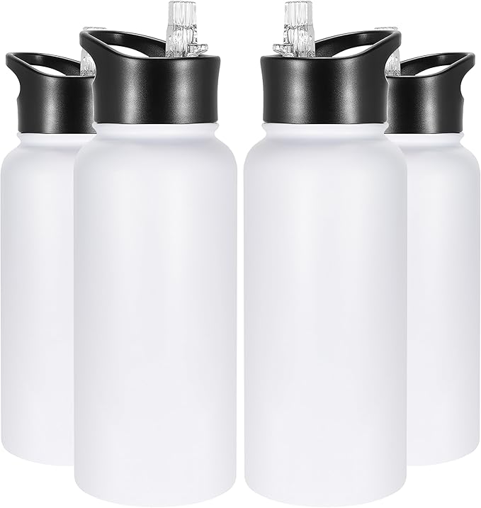 VEGOND 32 oz Insulated Water Bottle Bulk Stainless Steel Metal Water Bottles with Leak Proof Straw Lid & Spout Lid, Wide Mouth Double Walled Vacuum Travel Sports Bottle, 4 Pack