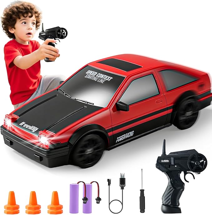 SANCO 1:24 RC Drift Car with LED Lights, 2.4GHz Remote Control Car, Includes 2 Batteries & 2 Sets of Tires for Racing & Drifting, Electric Hobby Racing Toy for Adults, Boys & Kids(Red)