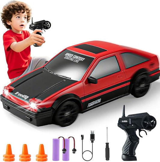SANCO 1:24 RC Drift Car with LED Lights, 2.4GHz Remote Control Car, Includes 2 Batteries & 2 Sets of Tires for Racing & Drifting, Electric Hobby Racing Toy for Adults, Boys & Kids(Red)