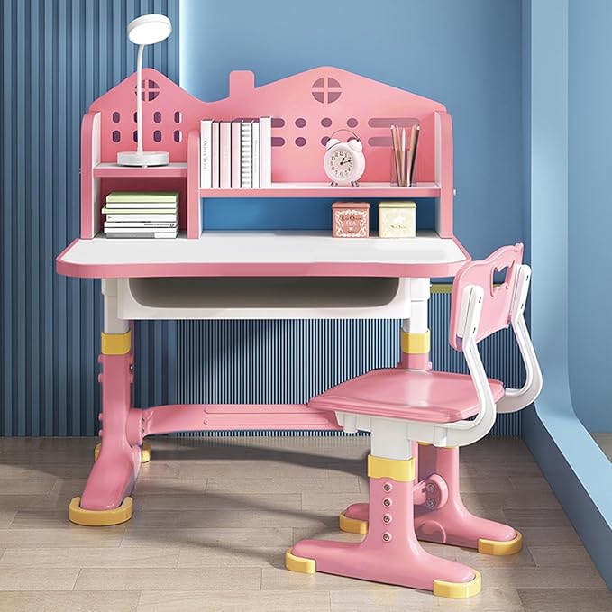 Kids Ergonomic Desk and Chair Set, Height Adjustable School Study Table with Bookshelf, Drawer and Spine Support Backrest, Kids Desk and Chair for Bedroom&Study Room (Pink A)
