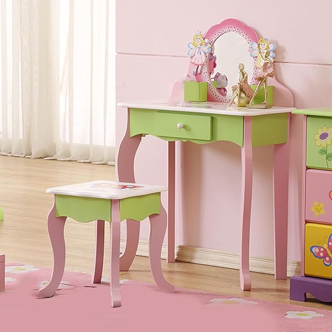 Kids Vanity Set with Stool, Wooden Makeup Dresser Table with Mirror, Flower Fairy Design with Storage Drawer, Safety Anti-Tip for Girls Age 3 and Up