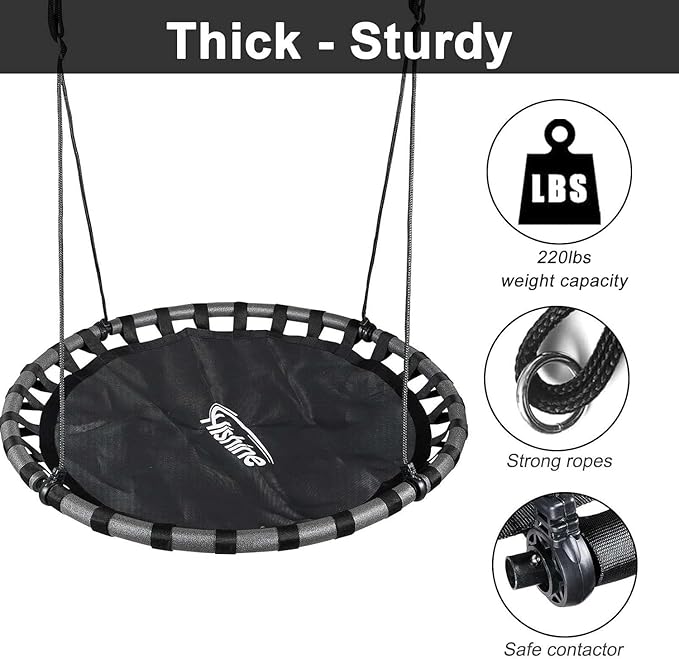 43 inch Black Saucer Tree Swing for Kids,Flying Round Swing Waterproof and All-Weather Resistant,PP Mat,Adjustable Strong Ropes,Easy to Install,Outdoor Playground Backyard