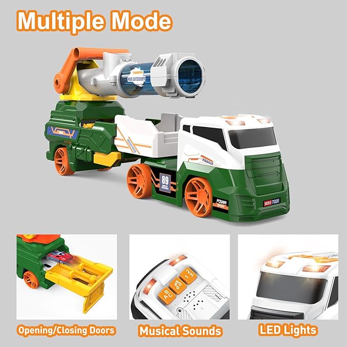Dwi Dowellin Truck Toys for Kids, 28" Large Car Toys Include 4 Racing Cars+6 Ball, with Light & Sounds, Eejection&Shooting Transport Cars Toy, Gifts for Boys Girls-Green