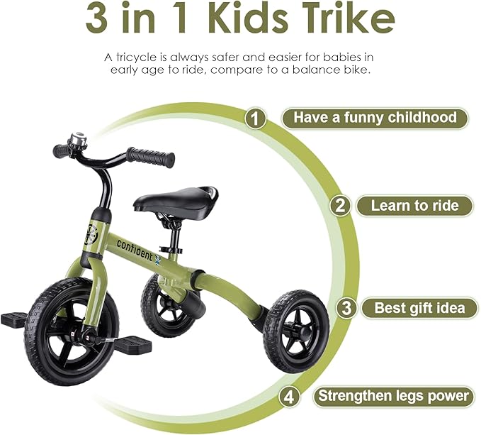 YGJT 3 in 1 Tricycle for Toddlers Age 2-5 Years Old, Folding Kids Balance Bike with Adjustable Seat and Removable Pedal, Toddler Bike Ride-on Toys for Infant, Gifts for Baby Boys Girls(Army Green)