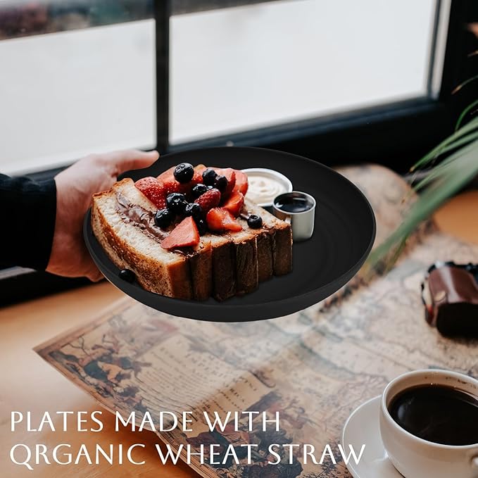 Homienly Dinner Plates Set of 8 Alternative for Plastic Plates Microwave and Dishwasher Safe Wheat Straw Plates for Kitchen Unbreakable Plate Set (Black, 10 inch)