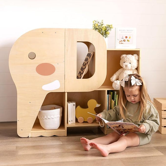 OOOK Montessori Bookshelf with Elephant Shape, 2-Shelf Toddler Bookshelf, Montessori Shelf and Toy Storage Organizer for Classroom, Kindergarten, Kids Room, Playroom and Daycare.