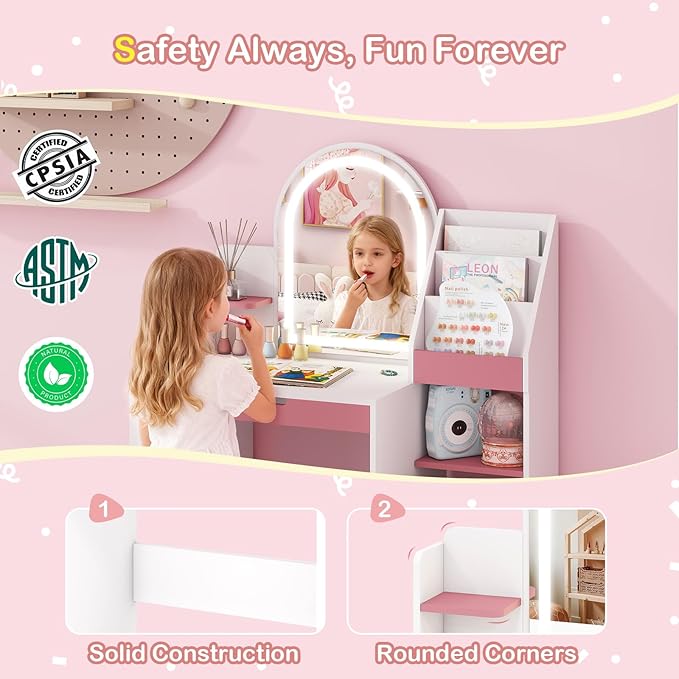 ARTETHYS Kids Vanity with Mirror and Lights Small Princess Pink & White Dressing Table with Open Bookshelf 3 in 1 Toddler Makeup Vanity Desk Set with Storage Chair and Toy Organizer for Little Girls