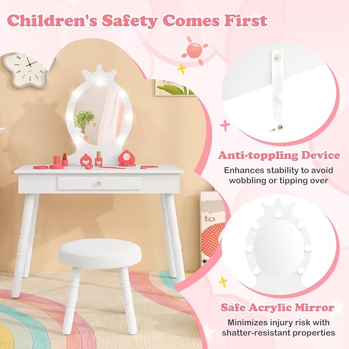 HONEY JOY Kids Vanity with Lights, Princess Wooden Makeup Table & Stool with Drawer, 3-Color LED Lights, Toddler Dressing Vanity for Little Girls, Pretend Play Kids Vanity Table and Chair Set (White)