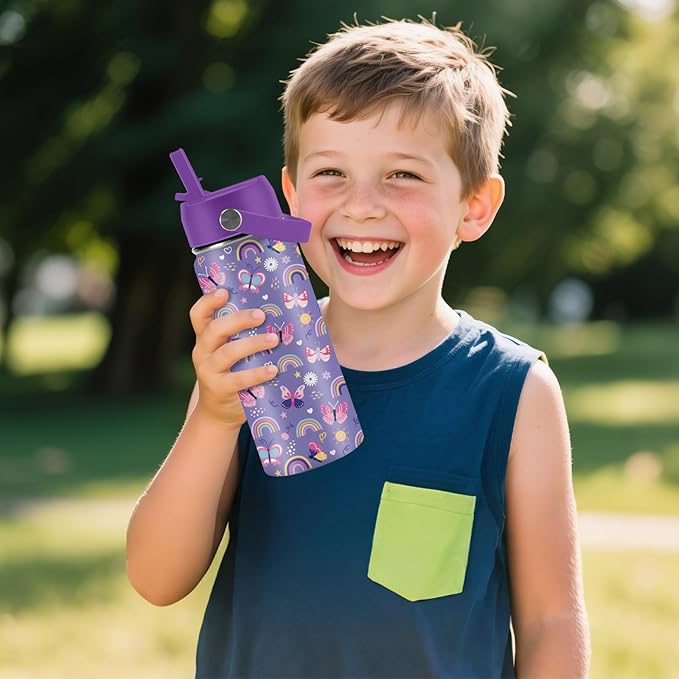 Butterfly Gifts - 16oz Purple Kids Water Bottle with Straw Lid, Stainless Steel Insulated Tumbler, Leakproof, BPA-Free, for Girls, School, Travel - Butterfly Rainbow Themed Birthday Gift Cup (1pc)