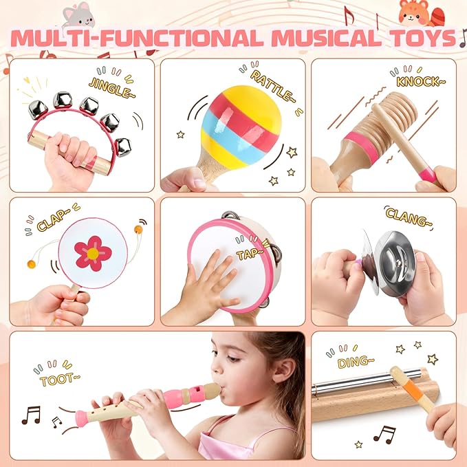 Baby Musical Instruments - Montessori Musical Toys for Toddlers 1-3, Wooden Percussion Instruments Set, Kids Preschool Educational Music Learning Toys, Christmas Birthday Gifts for Boys Girls Age 18m+