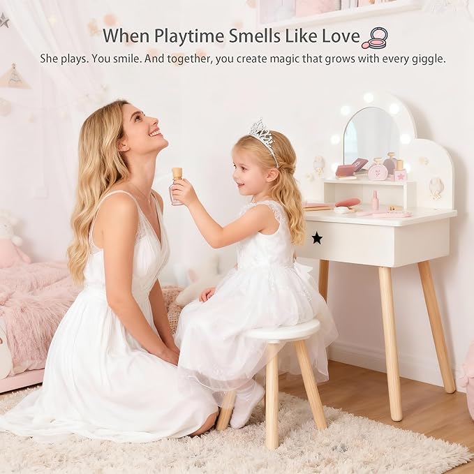 Kids Vanity Set for Girls with Touch-Button 3-Color Light Mirror, Wooden Pretend Play Makeup Table with 11 Accessories, Toddler-Sized Beauty Desk for Ages 3+