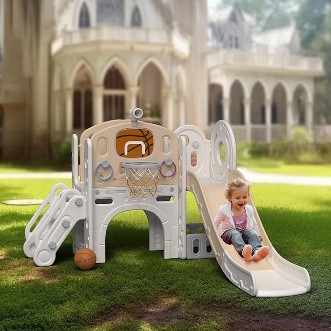 XJD 8 in 1 Toddler Slide Set, Kids Slide for Toddlers Age 1+, Toddler Climber Slide PlaySet with Basketball Hoop and Ball,Outdoor Indoor Playground for Toddlers 1-3 (Beige Coffee, 8 in 1)