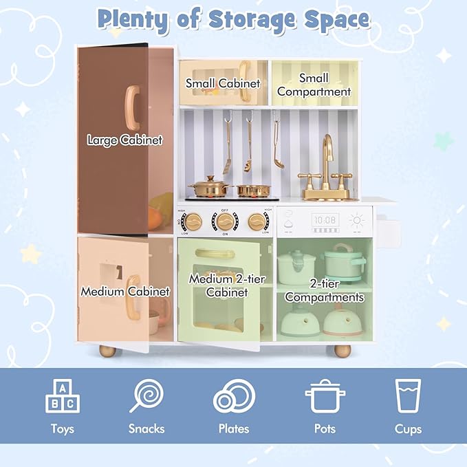 HONEY JOY Kids Kitchen Playset, Wooden Little Chef Pretend Play Kitchen Set w/Chalkboard & Water Dispenser, Lighted Stove, Storage Cabinet, Utensils, Play Kitchen for Toddlers, White + Golden